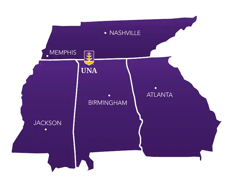 Map showing UNA's location in the southeastern region of the U.S.