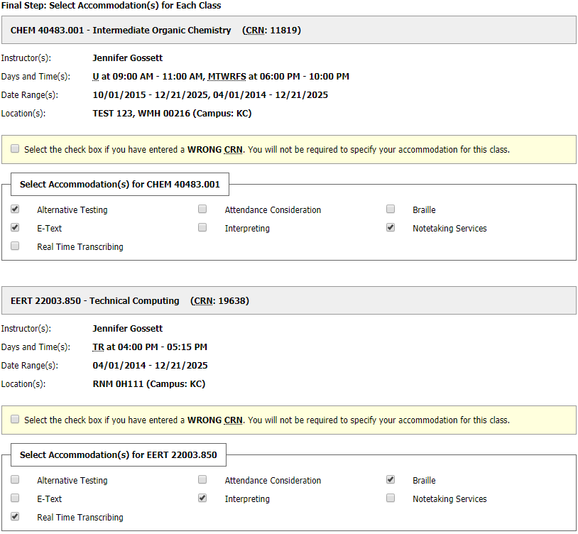 confirming accommodation request for each class in the semester