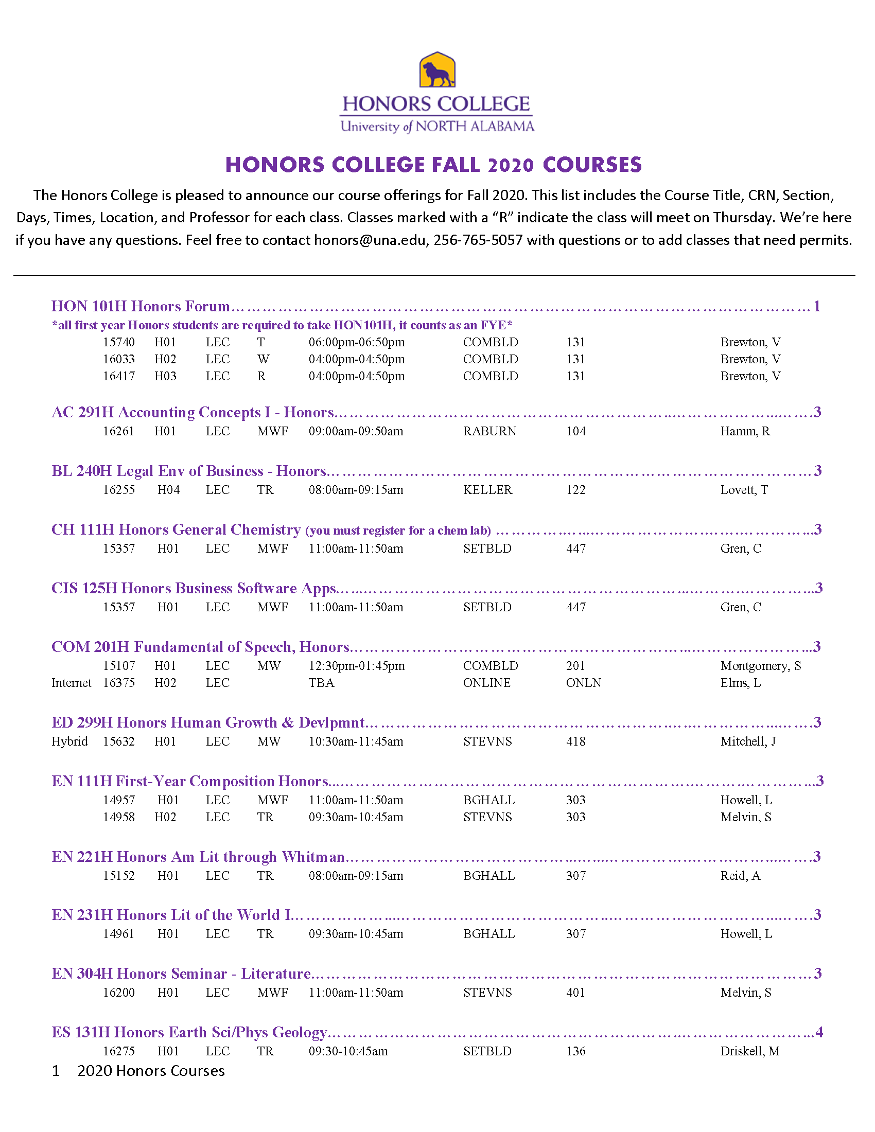 Honors Fall Courses