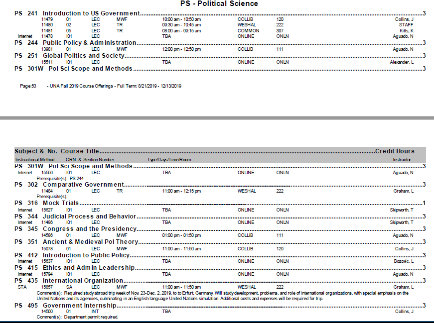 Course Offerings University of North Alabama