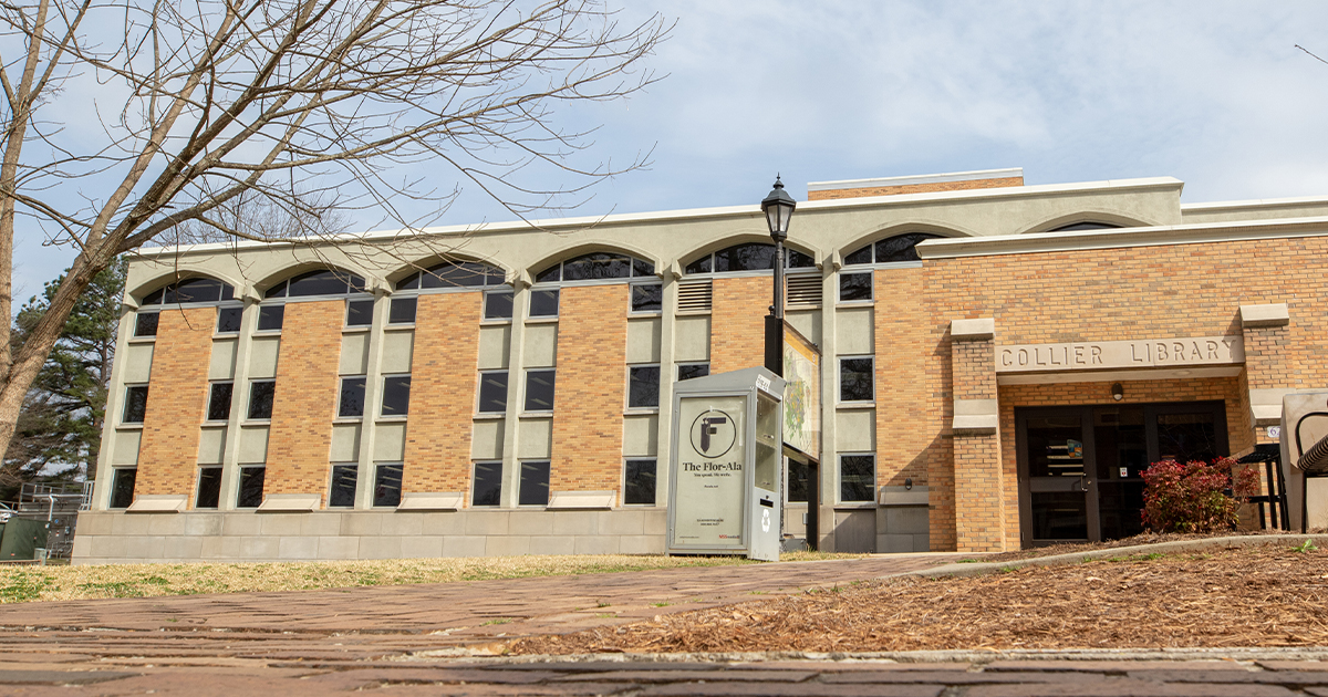 An image of the outside of Collier Library on UNA's main campus.