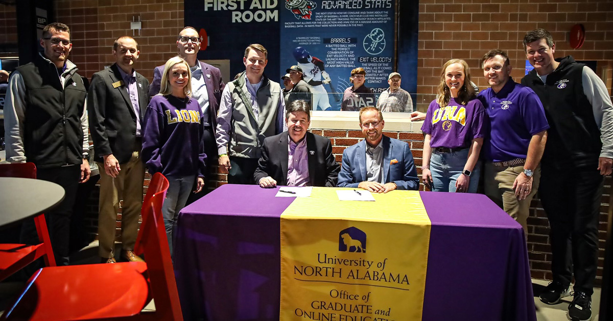 Representatives from the University of North Alabama and MartinFed signed a learning agreement that benefits MartinFed employees. The signing took place at the Trash Pandas Stadium in Madison.