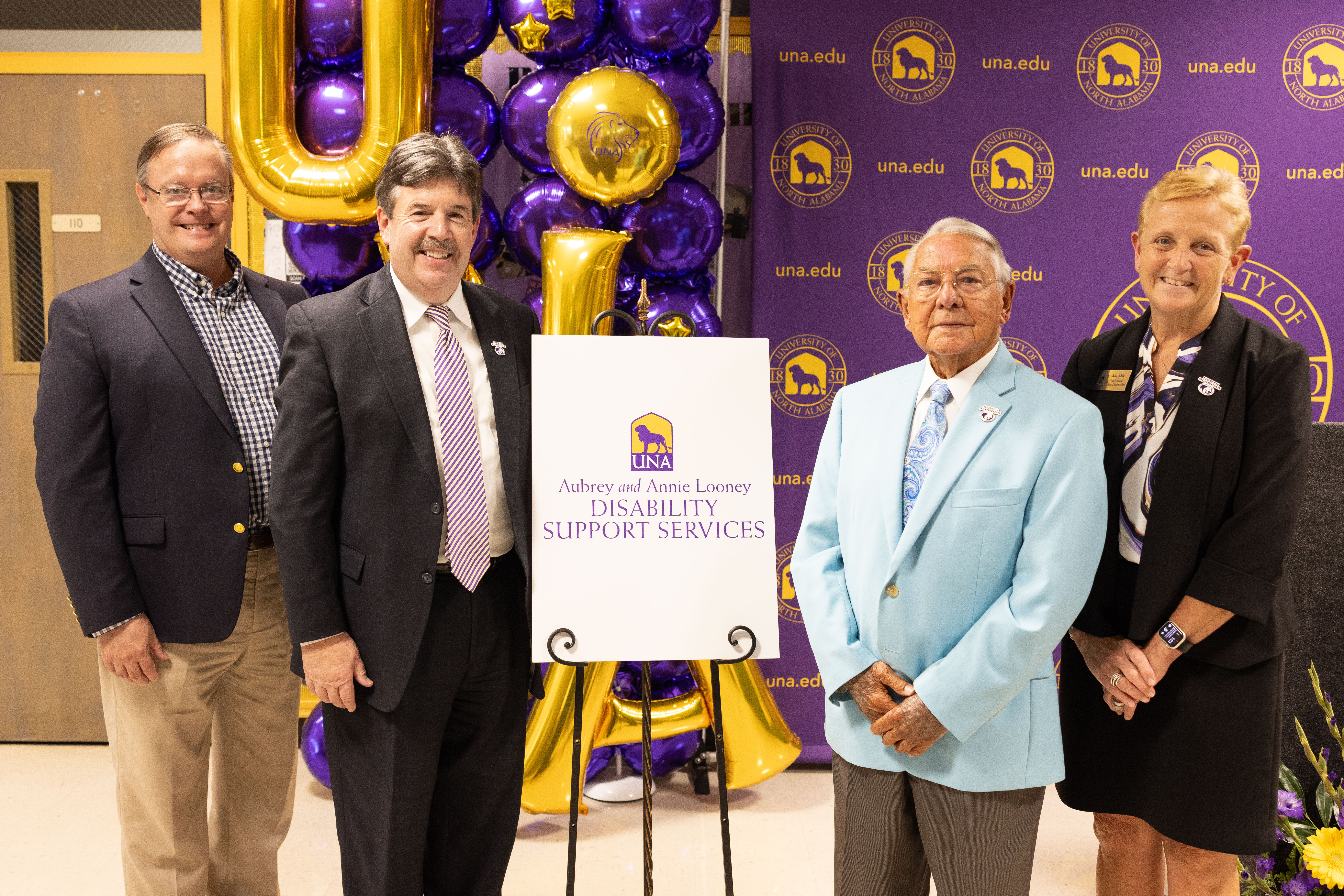 Col. Milton Looney named UNA's Disability Support Services in honor of his parents, Aubrey and Annie Looney, in a ceremony that includes Provost Dr. Brien Smith, President Dr. Ken Kitts, and Dr. K.C. White, Vice President for Student Affairs.