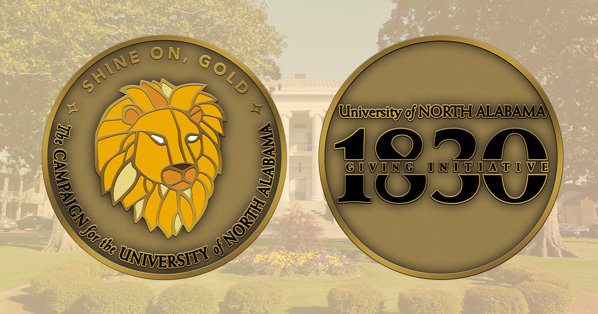 The 1830 Giving Initiative challenge coin features the Shine On, Gold comprehensive campaign logo.