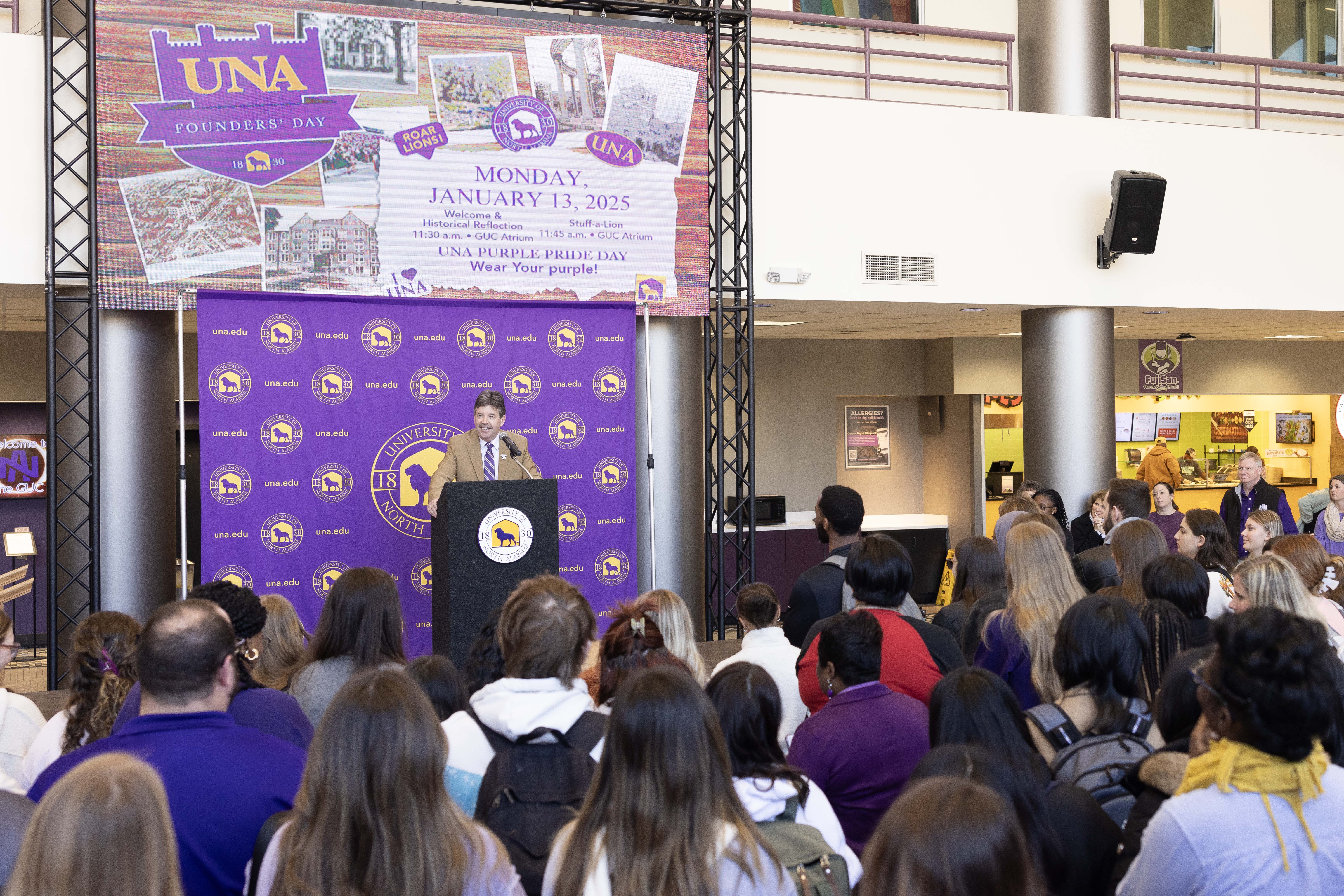 UNA President Ken Kitts announces the multi-year run-up to UNA's Bicentennial in 2030 as part of the 2025 Founders' Day event.