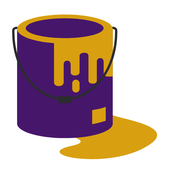 Purple paint bucket with gold paint spilling over
