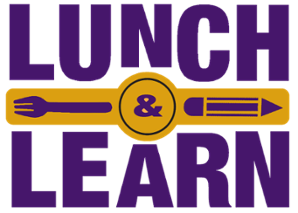 graphic with text saying 'lunch and learn' and icons of a spoon and a pencil